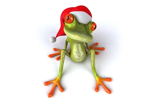 Лягушка, christmas, санта, frog, funny, santa hat
