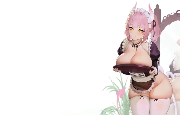 Girl, sexy, ass, thighhighs, pink hair, horns, long hair, boobs