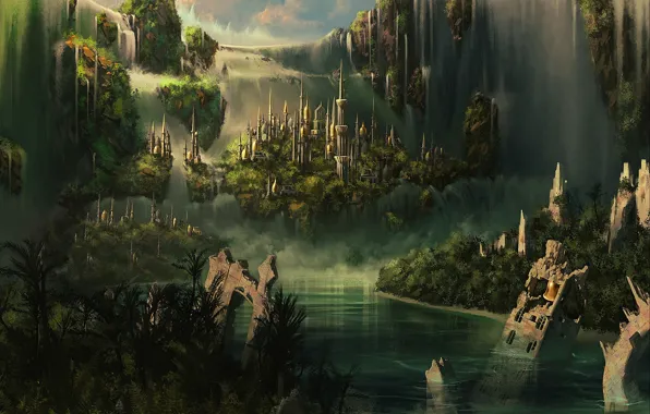 Картинка облака, горы, город, замок, Atlantis, водопад, башни, руины