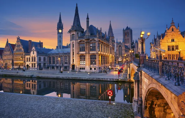Ночь, мост, огни, река, дома, Бельгия, Фландрия, Гент