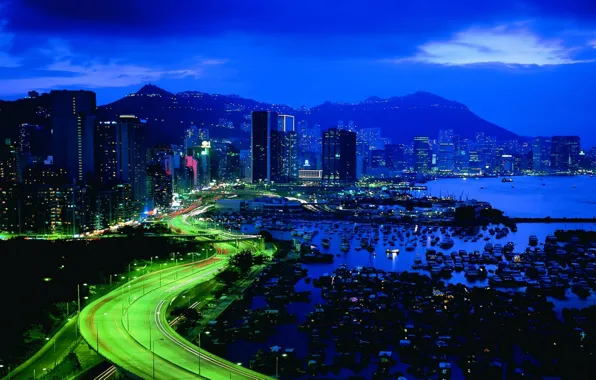 Ночь, город, огни, небоскребы, Гонг Конг
