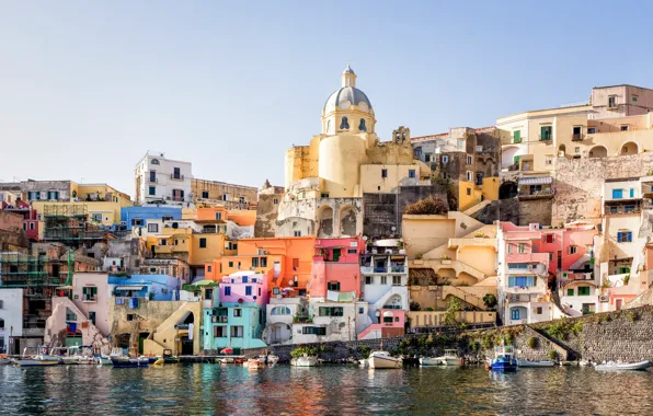 Море, небо, солнце, берег, дома, лодки, Италия, Campania