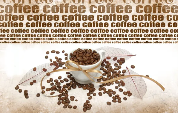 Картинка надпись, кофе, кружка, кофейные зёрна, листики, ленточка, coffee