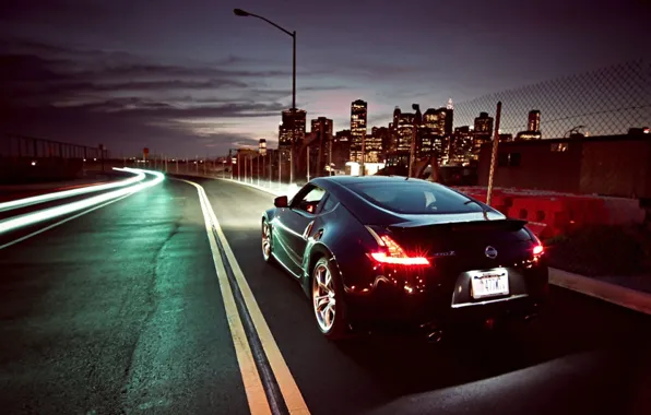 Ночь, небоскребы, nissan, 370z, nissan 370z