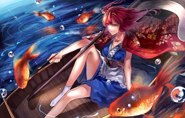 Girl, river, anime, painting, fish, Touhou, boat, redheaded