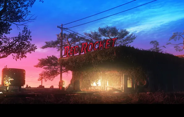 Деревья, свечение, строение, запустение, Red Rocket