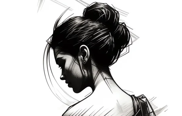Картинка minimalism, girls, hair, black and white, drawing, portrait, backwards, backdrop