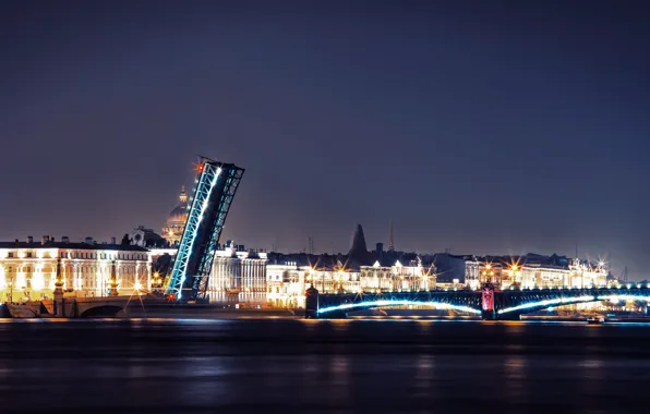 Картинка ночь, мост, огни, река, Russia, набережная, питер, санкт-петербург