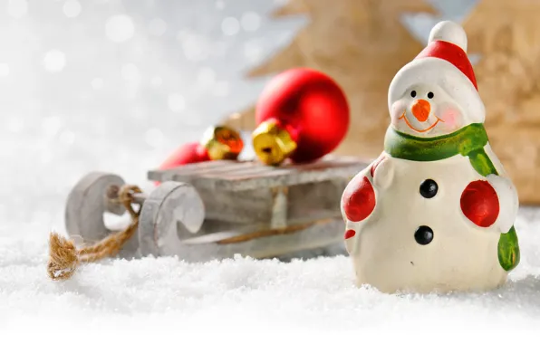 Картинка шарики, украшения, игрушка, Новый Год, Рождество, снеговик, санки, елочные