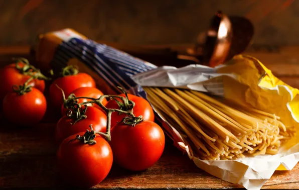 Еда, овощи, помидоры, спагетти