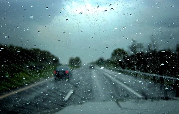 Дорога, стекло, капли, макро, машины, дождь, капот