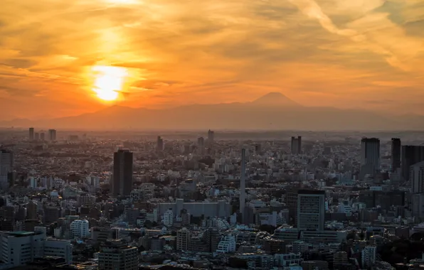 Картинка рассвет, дома, небоскребы, панорама, Tokyo, мегаполис