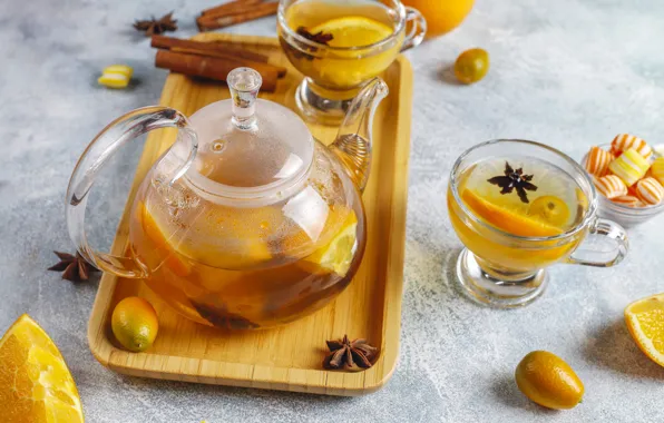 Стекло, стол, чай, апельсины, конфеты, чаепитие, чашки, чашка