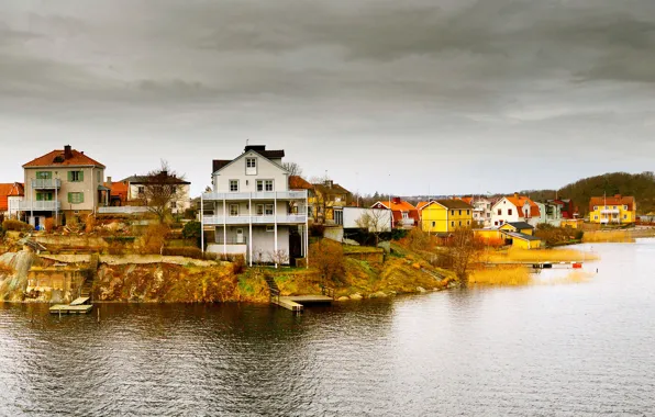 Море, дома, Норвегия, панорама