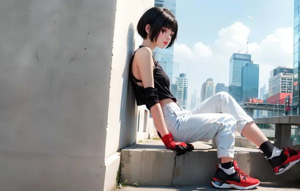 City, город, аниме, брюнетка, девочка, girl, Mirror's Edge, anime