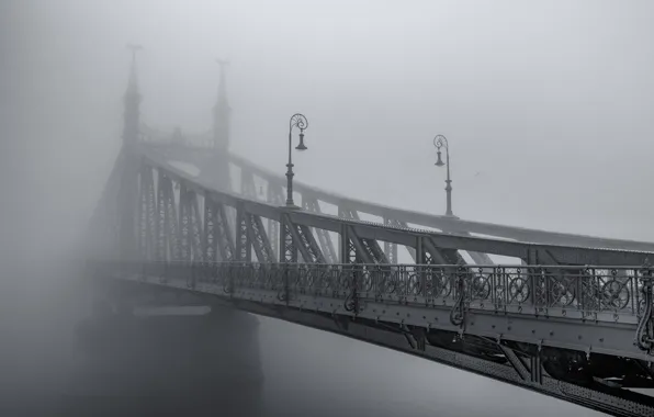 Мост, город, туман, дымка, чёрно - белое фото