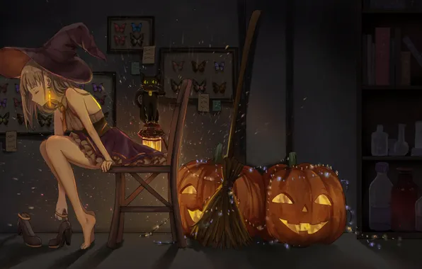 Картинка Halloween, колдовство, черный кот, светильник Джека, black cat, witch, склянки, шляпа ведьмы