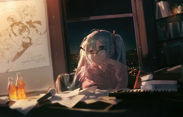 Ноты, книги, микрофон, vocaloid, hatsune miku, в комнате, в очках, хатсуне мику