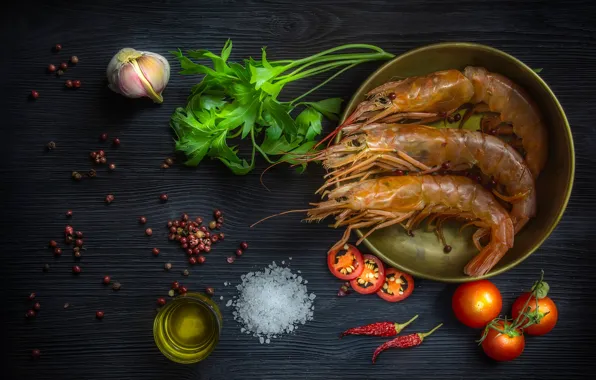 Зелень, темный фон, доски, масло, еда, перец, миска, помидоры