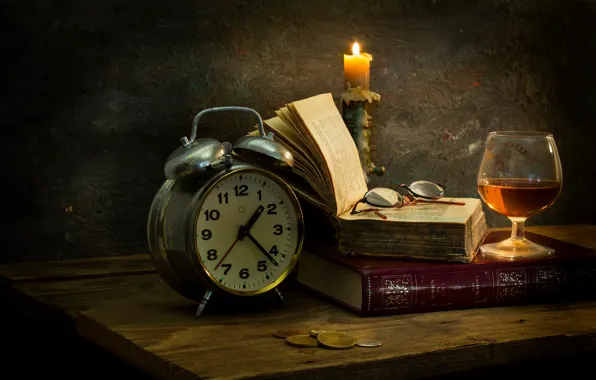 Картинка часы, бокал, книги, свеча, очки, воск, Tranquil enjoyment