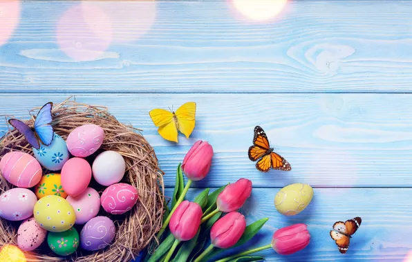Картинка цветы, яйца, весна, colorful, Пасха, happy, wood, flowers