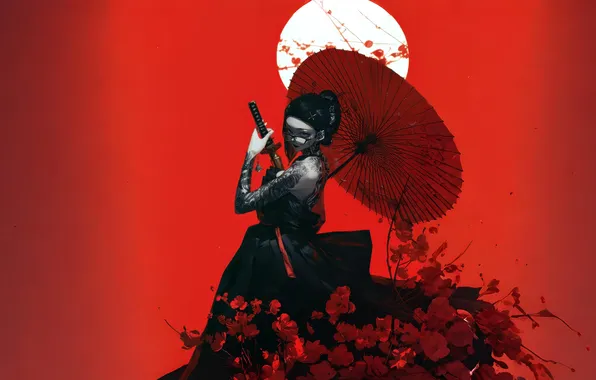 Black background, white background, simple background, red background, AI art, holding sword, female character