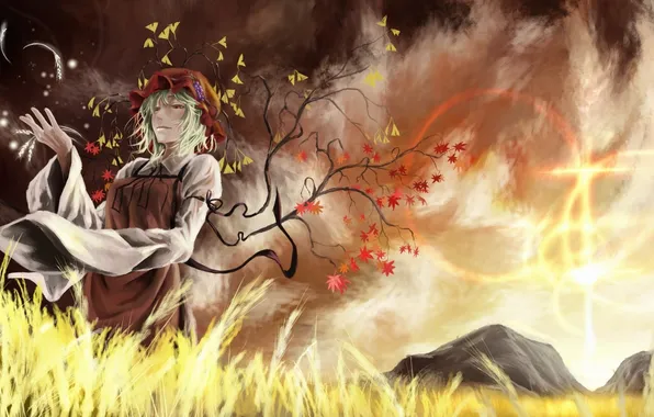 Картинка поле, небо, девушка, дерево, ветер, листва, платье, арт