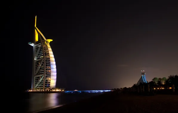 Картинка свет, ночь, Dubai, дубай, оаэ, Джумейра-Бич-отель, Бурдж Аль Араб