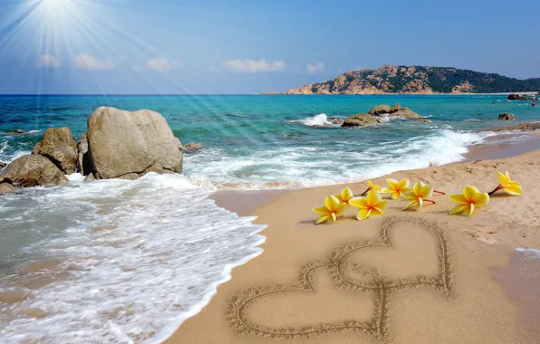 Песок, пляж, любовь, романтика, сердце, рисунок, love, sunshine