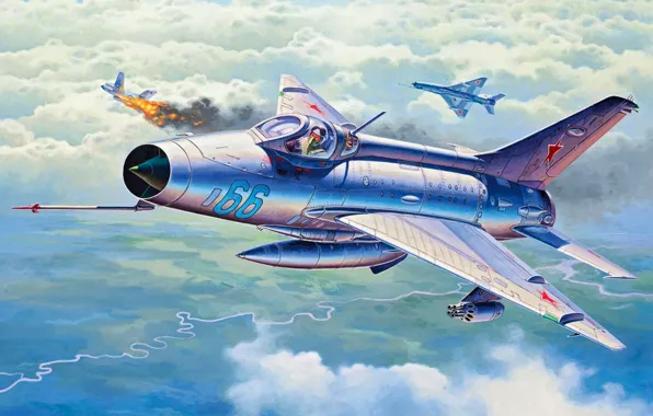 War, art, airplane, painting, aviation, jet, MIG-21F-13