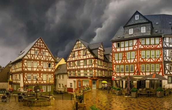 Картинка дождь, пасмурно, здания, дома, Германия, площадь, фонтан, Germany
