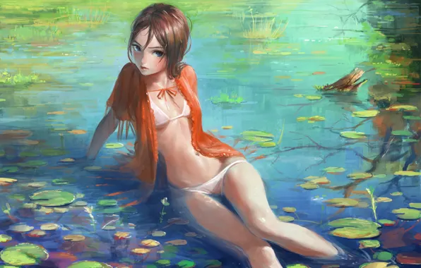 Картинка мокрая, девочка, бикини, голубые глаза, art, сидит в воде, листья лотоса, Nababa