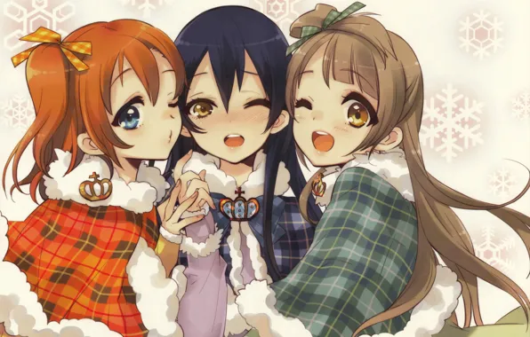 Снежинки, корона, подруги, подмигивание, белый мех, love live!, honoka, kotori
