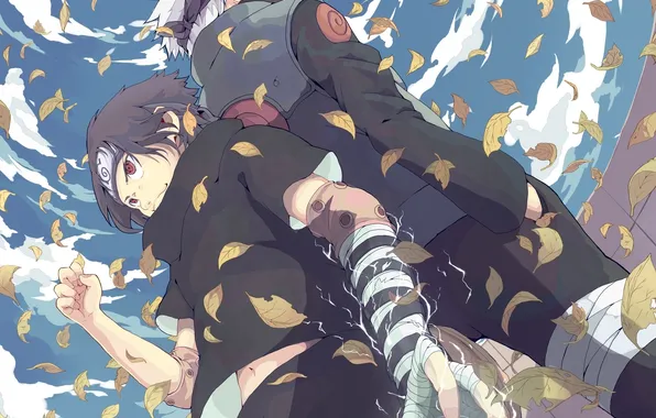 Картинка небо, листья, облака, молния, ниндзя, Naruto, Sasuke Uchiha, sensei