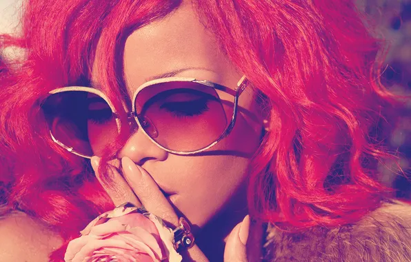 Очки, певица, Rihanna, красные волосы, Loud