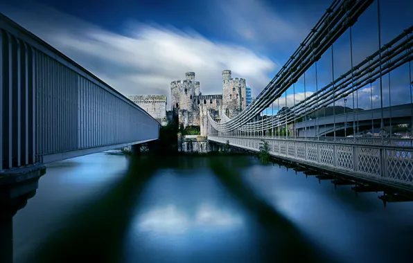 Wales, United Kingdom, Conwy Castle, Conwy, Telford Suspension Bridge
