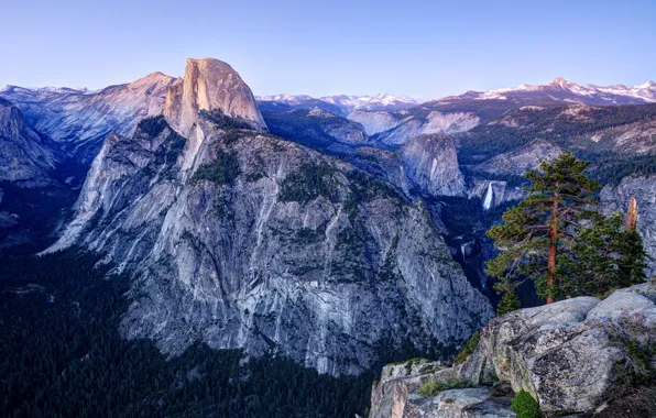 Картинка лес, горы, долина, Калифорния, California, Национальный парк Йосемити, Yosemite National Park, панорамма