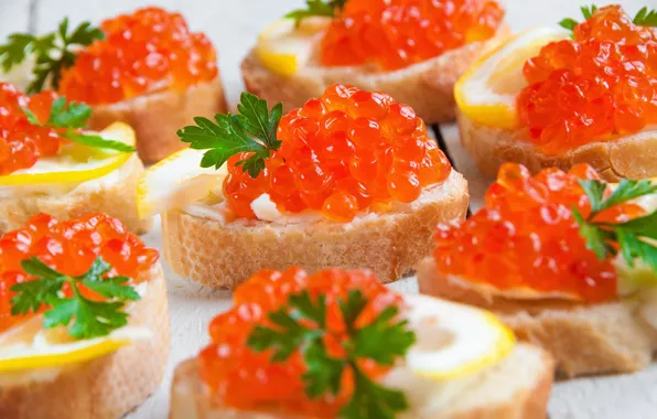Лимон, икра, бутерброды, морепродукт