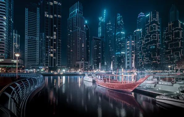 Здания, дома, лодки, залив, Дубай, ночной город, Dubai, небоскрёбы