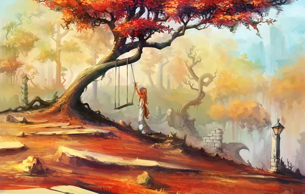 Девушка, деревья, качели, арт, фонари, нарисованный пейзаж