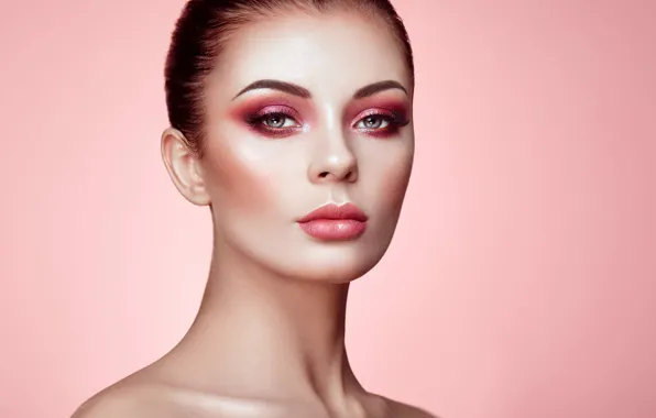 Розовый, макияж, губки, ретушь, Beautiful woman face