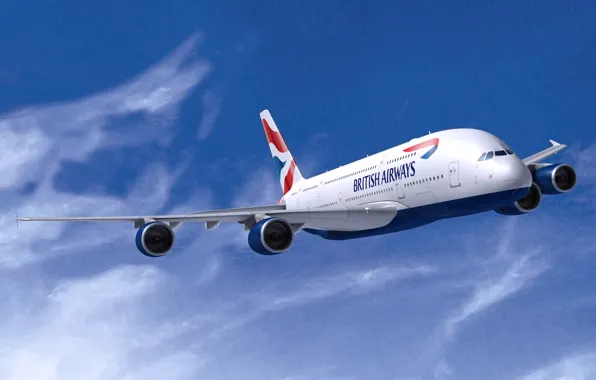 Картинка Белый, Самолет, Крылья, Авиация, A380, Airbus, В Воздухе, Летит