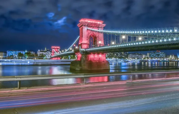 Дорога, мост, река, ночной город, Венгрия, Hungary, Будапешт, Budapest