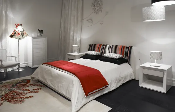 Картинка белый, кровать, спальня, красный. kenzo