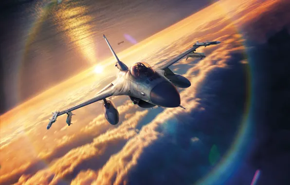 Картинка sky, sunset, drawing, Lockheed F-16