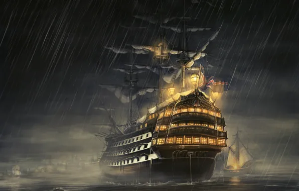 Море, ночь, дождь, корабль, парусник, rain, фрегат