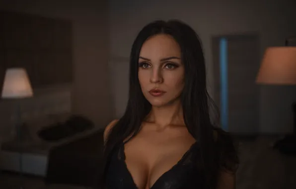 Грудь, взгляд, девушка, лицо, портрет, брюнетка, light, sexy