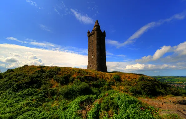 Картинка небо, облака, поля, башня, холм, Ирландия, Scrabo Tower