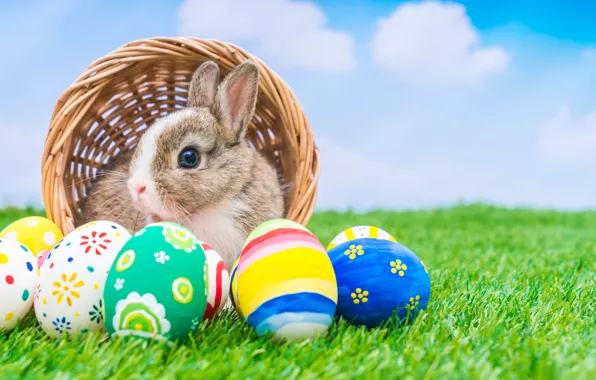 Картинка праздник, корзина, кролик, пасха, яйца крашенные
