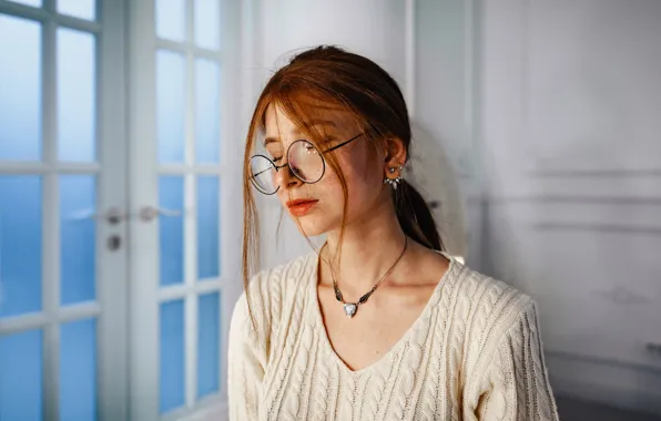 Девушка, Очки, Girl, Двери, Рыжая, Redhead, Glasses, Рыжеволосая